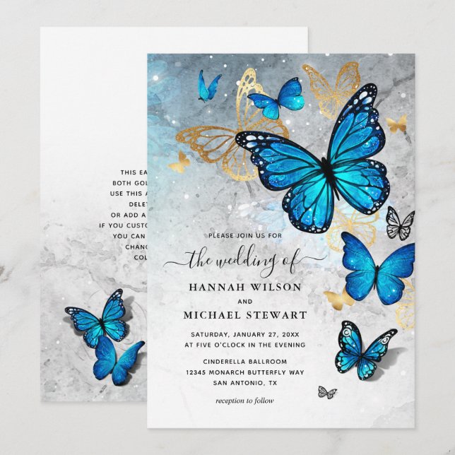 Elegant Watercolor Gold Blue Butterfly Wedding Invitation (Front/Back)