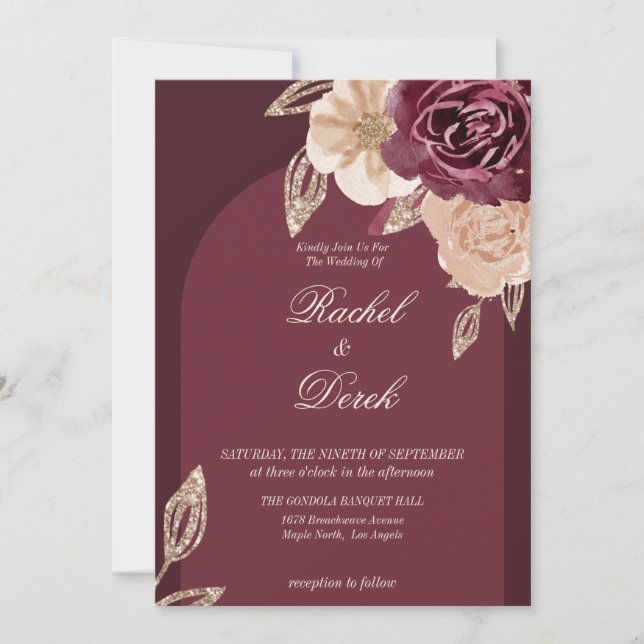 Elegant Watercolor Gold Burgundy Floral Wedding Invitation (Front)