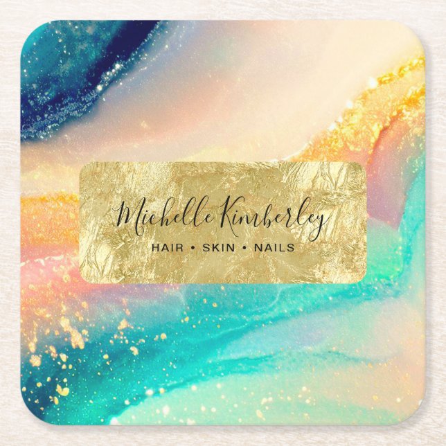 Elegant Watercolor Gold Foil Square Paper Coaster (Front)