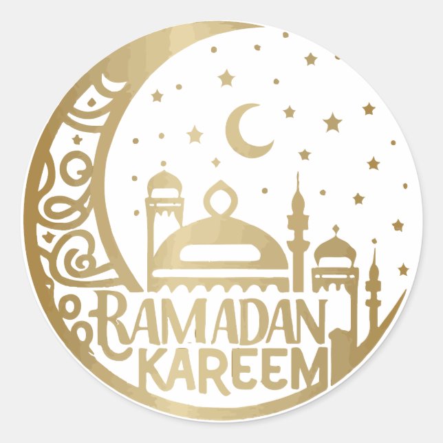 Elegant watercolor Gold Ramadan Kareem Mubarak Classic Round Sticker (Front)