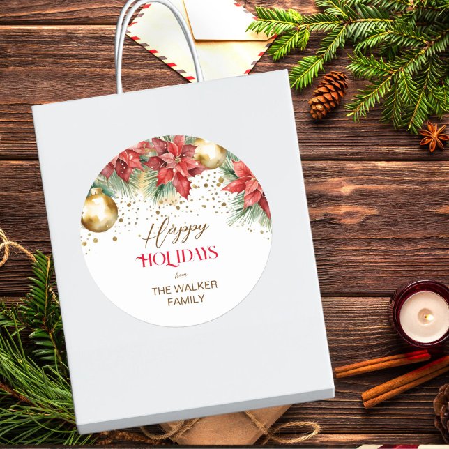 Elegant watercolor gold red poinsettia Christmas  Classic Round Sticker (Happy Holidays watercolor elegant poinsettia gold baubles sprinkles gift stickers)