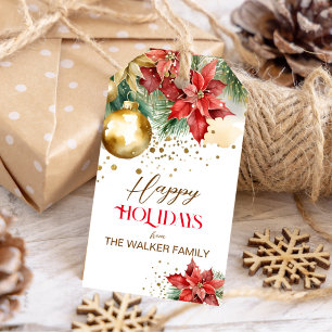 Elegant watercolor gold red poinsettia Christmas Gift Tags