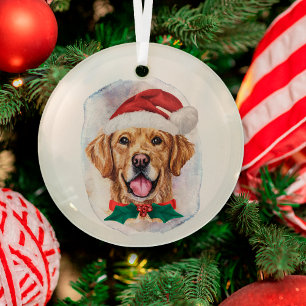 Elegant Watercolor Golden Retriever Christmas  Glass Tree Decoration
