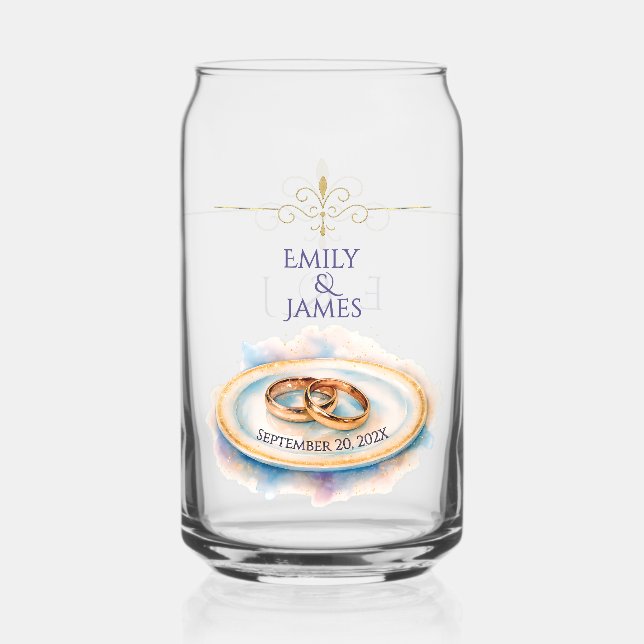 Elegant Watercolor Golden Rose Wedding Rings Can Glass (Back)