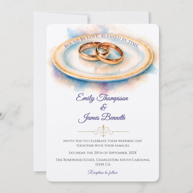 Elegant Watercolor Golden Rose Wedding Rings Invitation (Front)