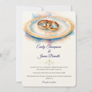 Elegant Watercolor Golden Rose Wedding Rings Invitation