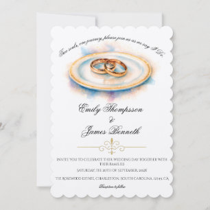 Elegant Watercolor Golden Rose Wedding Rings Invitation