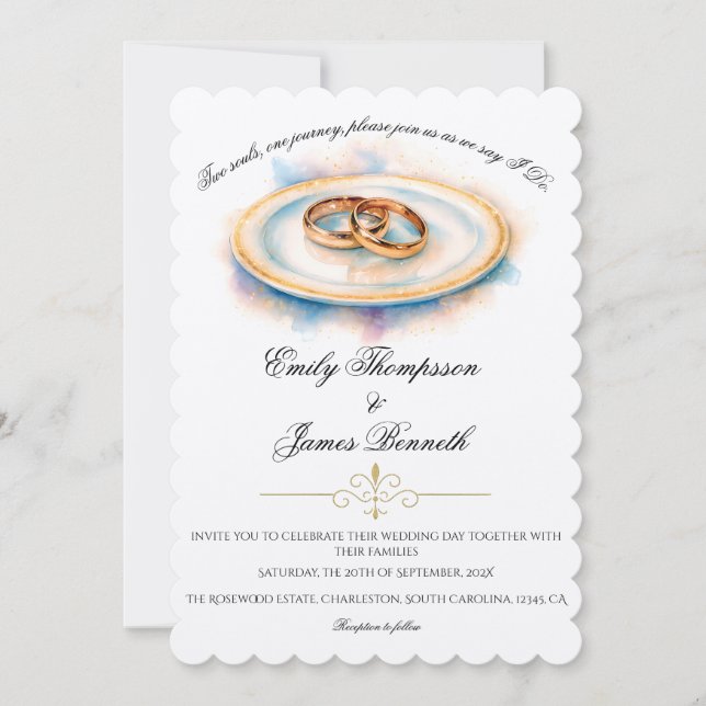 Elegant Watercolor Golden Rose Wedding Rings Invitation (Front)