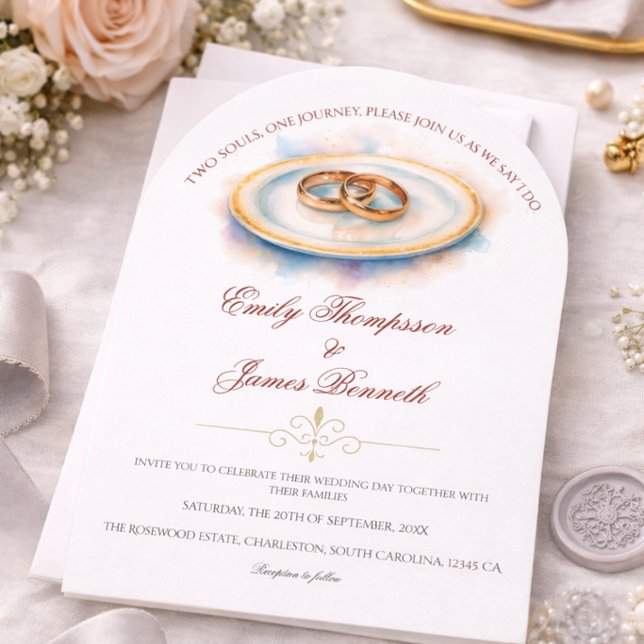 Elegant Watercolor Golden Rose Wedding Rings Invitation (Creator Uploaded)