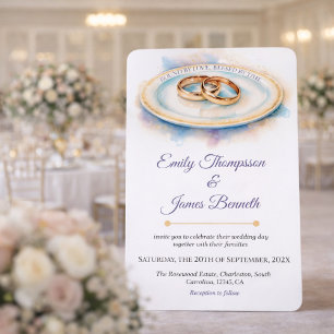 Elegant Watercolor Golden Rose Wedding Rings Invitation