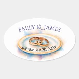 Elegant Watercolor Golden Rose Wedding Rings Oval Sticker