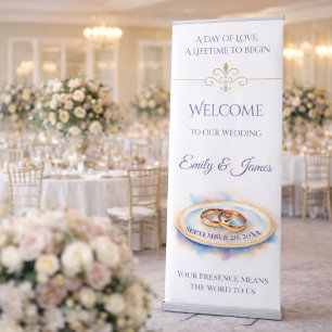 Elegant Watercolor Golden Rose Wedding Rings Retractable Banner