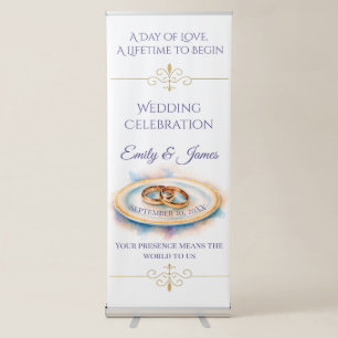 Elegant Watercolor Golden Rose Wedding Rings Retractable Banner