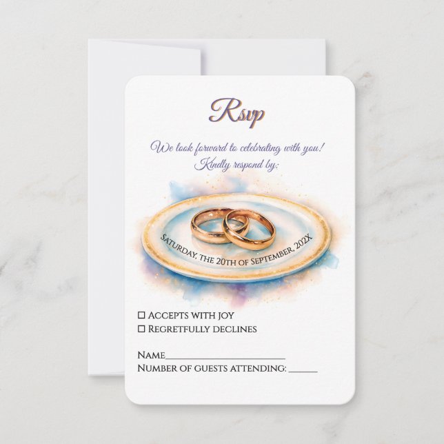 Elegant Watercolor Golden Rose Wedding Rings RSVP Card (Front)