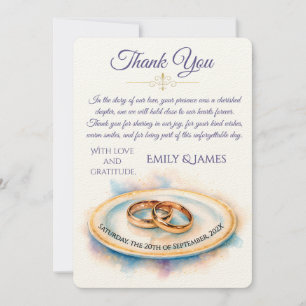Elegant Watercolor Golden Rose Wedding Rings Thank You Card