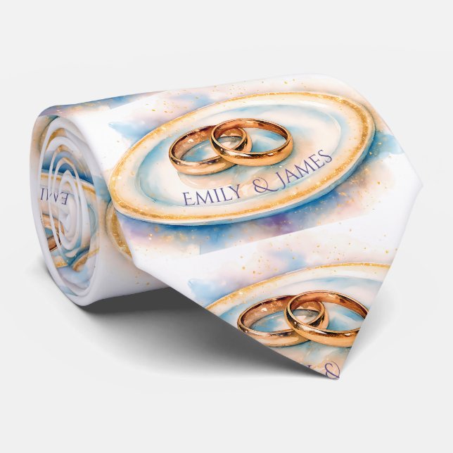 Elegant Watercolor Golden Rose Wedding Rings Tie (Rolled)