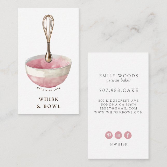 Elegant Watercolor Golden Whisk Bowl Pastry Chef Business Card (Front/Back)