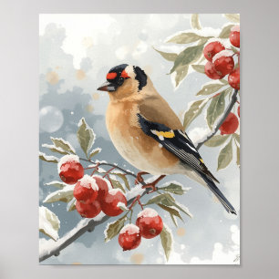 Elegant Watercolor Goldfinch Bird with Frosty Red  Poster