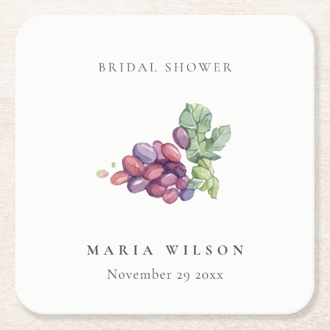 Elegant Watercolor Grape Foliage Bridal Shower Square Paper Coaster (Front)