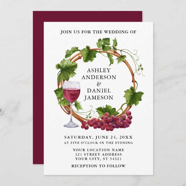 Elegant Watercolor Grape Vines Wood Wreath Wedding Invitation (Front/Back)