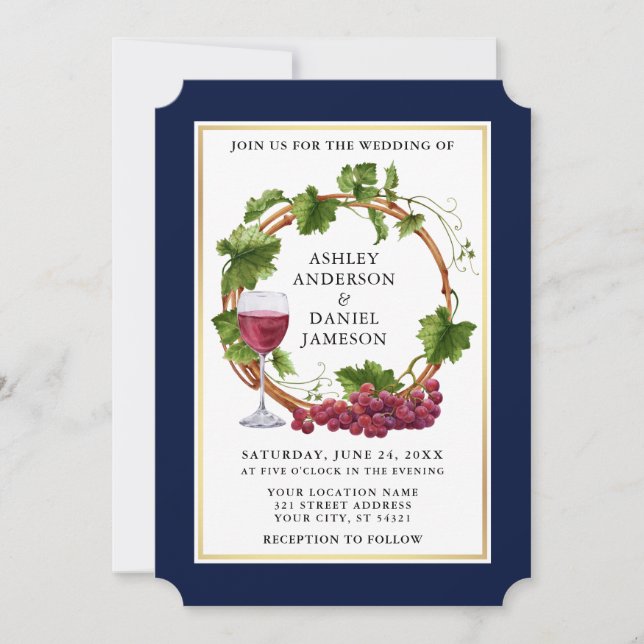 Elegant Watercolor Grape Vines Wreath Blue Wedding Invitation (Front)