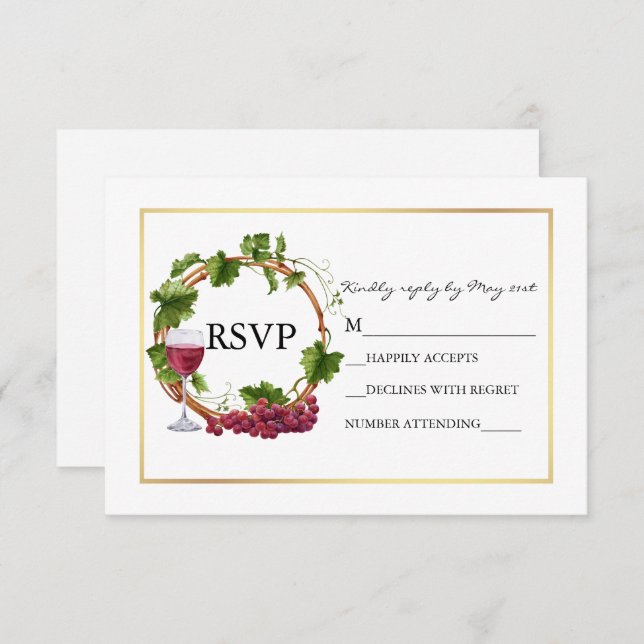 Elegant Watercolor Grape Vines Wreath Gold Wedding RSVP Card (Front/Back)