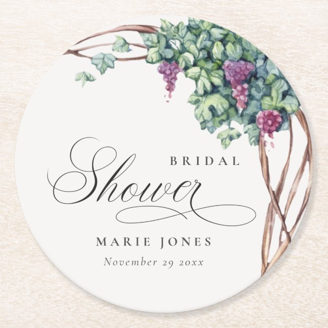 Elegant Watercolor Grapevine Fauna Bridal Shower Round Paper Coaster (Front)