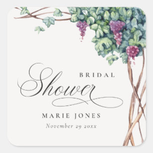 Elegant Watercolor Grapevine Fauna Bridal Shower Square Sticker