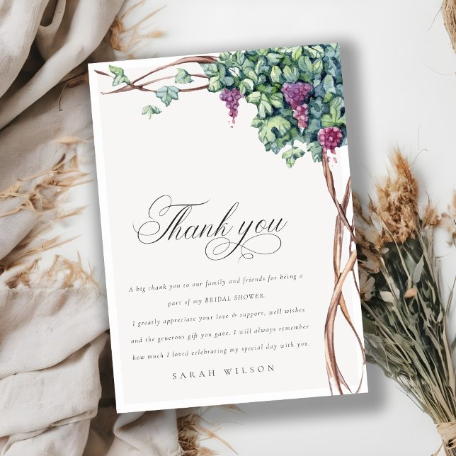 Elegant Watercolor Grapevine Foliage Bridal Shower Thank You Card (Creator Uploaded)