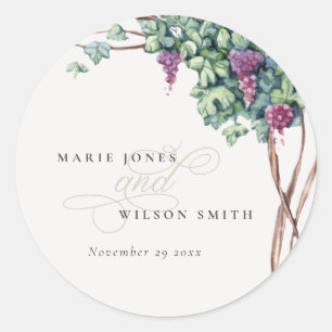 Elegant Watercolor Grapevine Foliage Wedding Classic Round Sticker