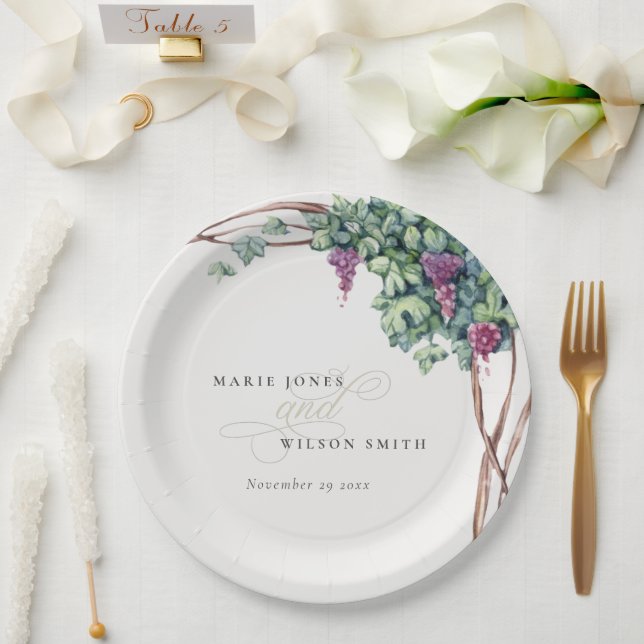 Elegant Watercolor Grapevine Foliage Wedding Paper Plate (Wedding)