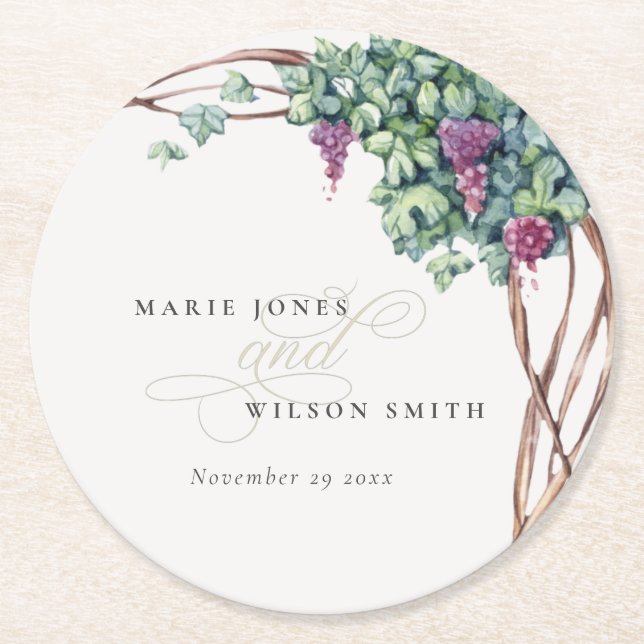 Elegant Watercolor Grapevine Foliage Wedding Round Paper Coaster (Front)