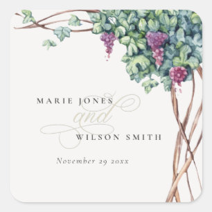 Elegant Watercolor Grapevine Foliage Wedding Square Sticker