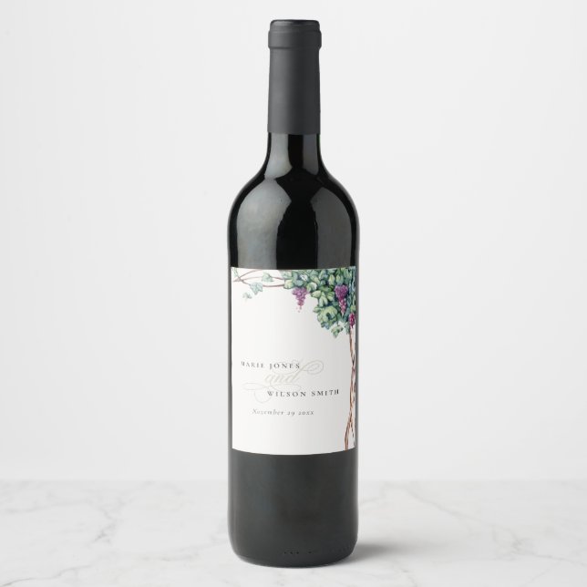 Elegant Watercolor Grapevine Foliage Wedding Wine Label (Front)