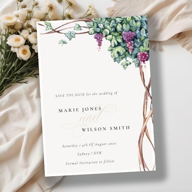 Elegant Watercolor Grapevine Save the Date Card (Creator Uploaded)