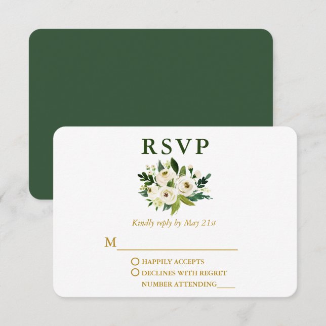 Elegant Watercolor Green Floral Gold Wedding RSVP Card (Front/Back)
