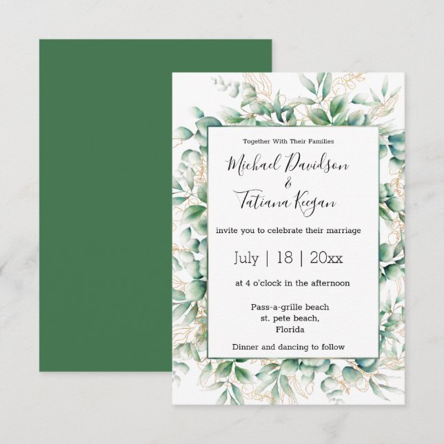 elegant  watercolor green gold leaves wedding  invitation (Front/Back)