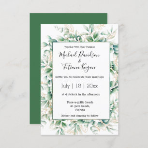 elegant watercolor green gold leaves wedding invitation