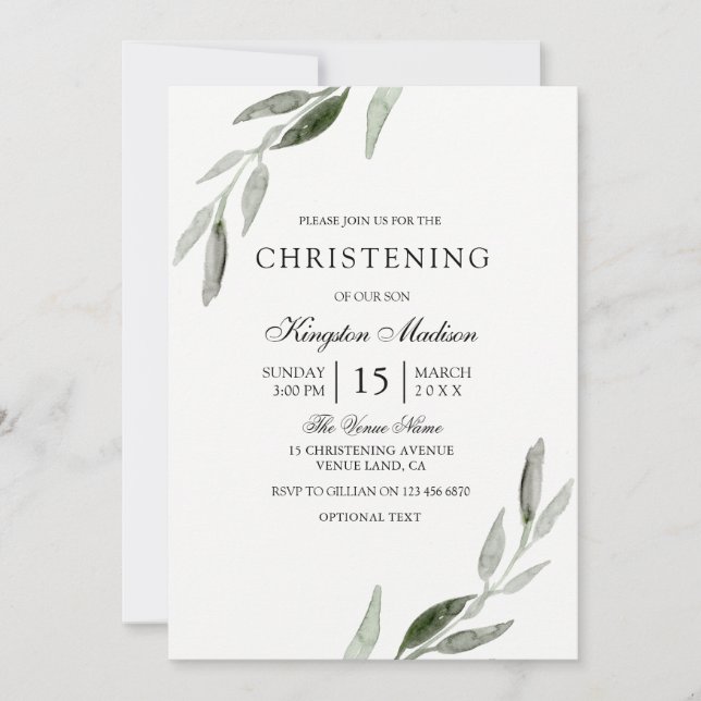 Elegant Watercolor Green Leaf Christening Invite (Front)