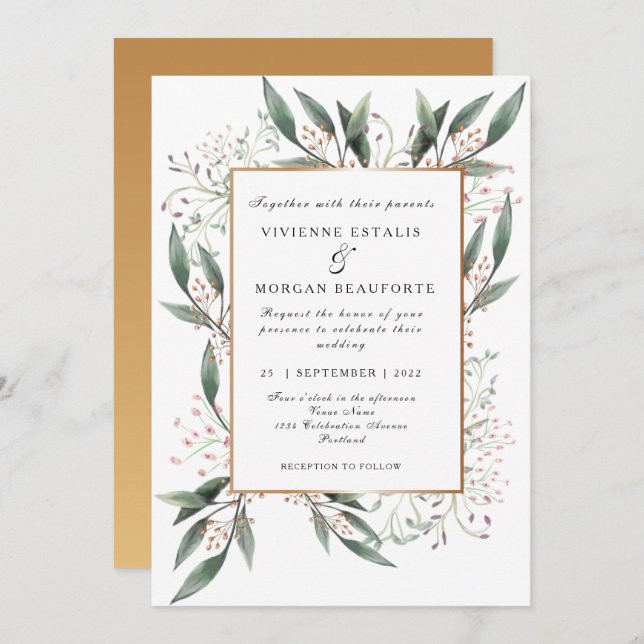 Elegant watercolor green leaf gold wedding invitation (Front/Back)