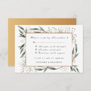 Elegant watercolor green leaf gold wedding RSVP Invitation