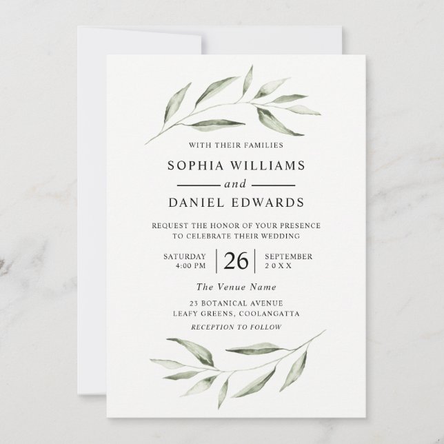 Elegant Watercolor Green Leaf Greenery Wedding Invitation (Front)