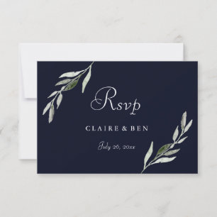 Elegant Watercolor Green Leaf Navy Wedding RSVP Card