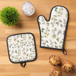 Elegant Watercolor Green Leaf Pattern Oven Mitt & Pot Holder Set