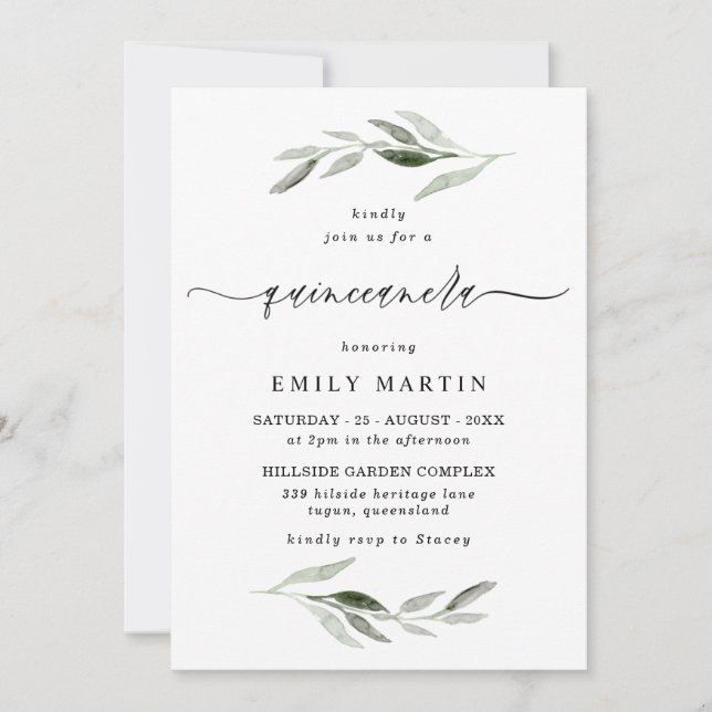 Elegant Watercolor Green Leaf Quinceanera Party Invitation (Front)