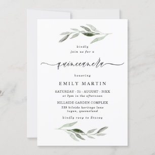 Elegant Watercolor Green Leaf Quinceanera Party Invitation