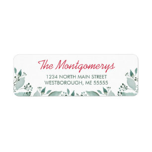 Elegant Watercolor Green Leaf Red Return Address
