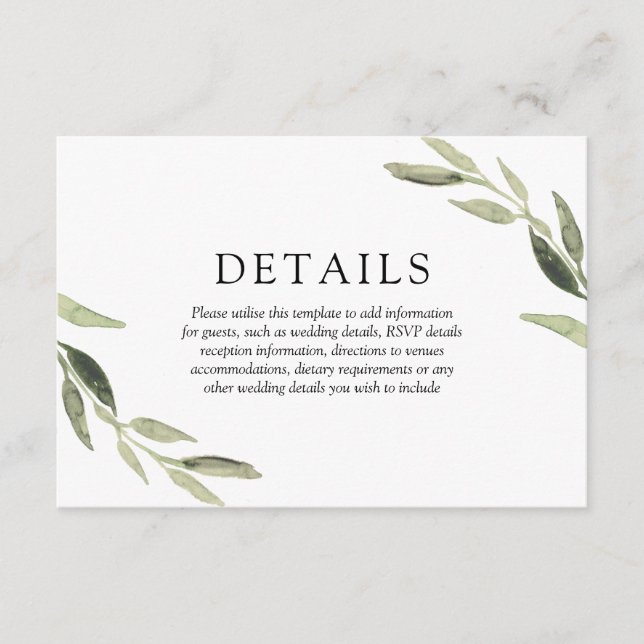 Elegant Watercolor Green Leaf Wedding Details Enclosure Card (Front)