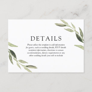 Elegant Watercolor Green Leaf Wedding Details Enclosure Card