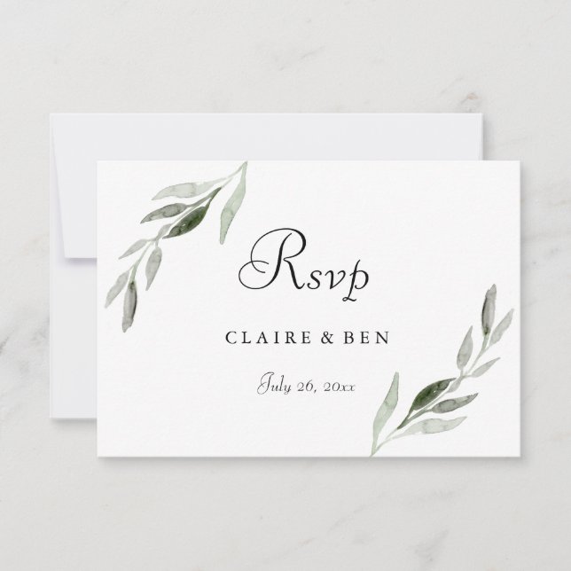 Elegant Watercolor Green Leaf Wedding Invite RSVP (Front)